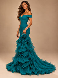 Dusty Blue Off-the-Shoulder Mermaid Prom Dress with 3D Rose & Ruffles