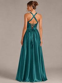 Light Yellow Halter Neck Satin A-Line Maxi Dress with Pockets