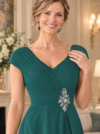 Pleated Chiffon Lace Mother of The Bride Dresses with Beading Cap Sleeves