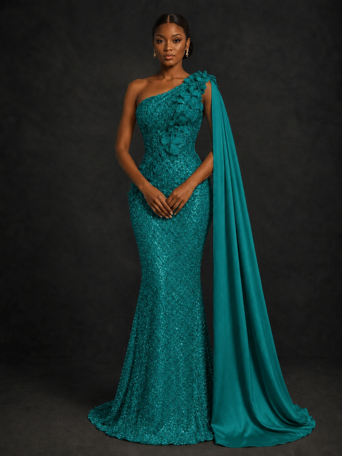 Gold Sequin One Shoulder Mermaid Prom Dress with Cape
