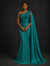 Gold Sequin One Shoulder Mermaid Prom Dress with Cape
