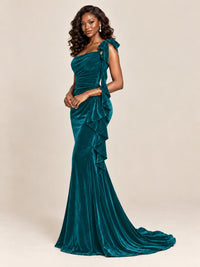 Black Velvet One-Shoulder Mermaid Evening Gown with Bow & Ruffles