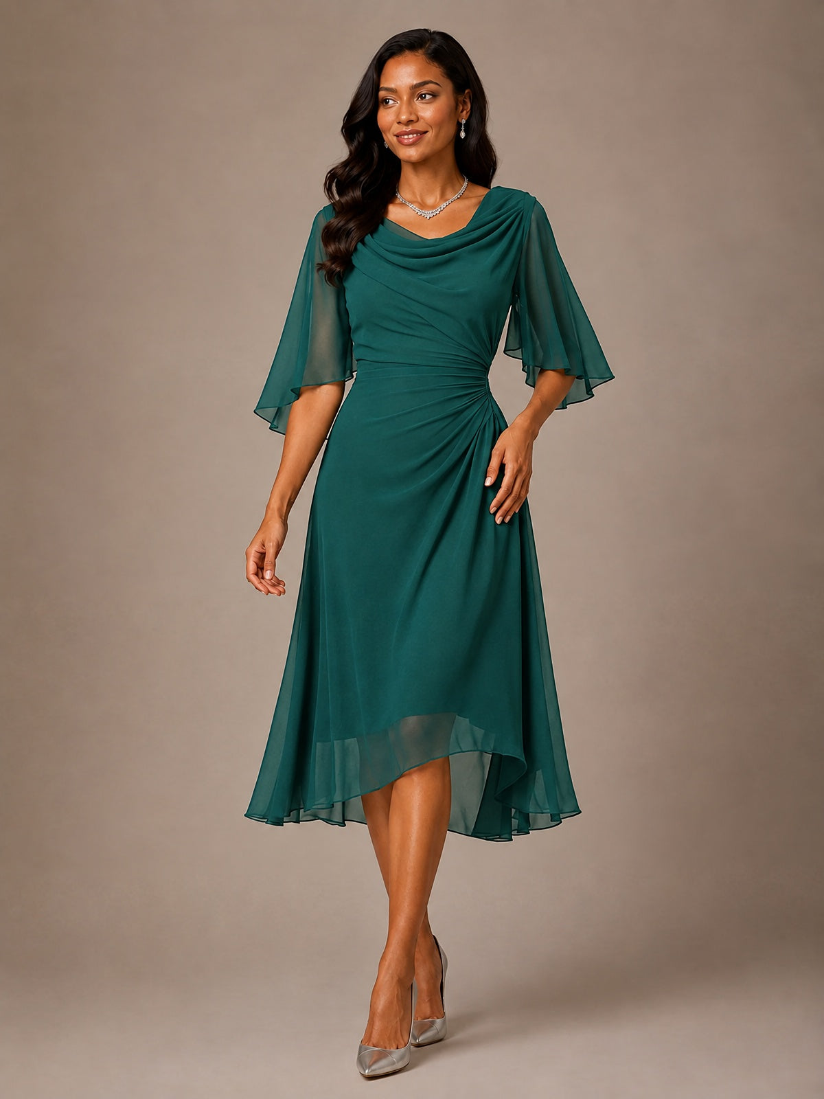 Cowl Neck Ruched Chiffon Mother of the Bride Dresses with Flutter Sleeves