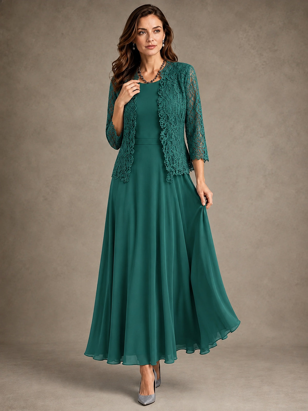 2-Piece Chiffon Mother of the Bride Dress with Lace Jacket