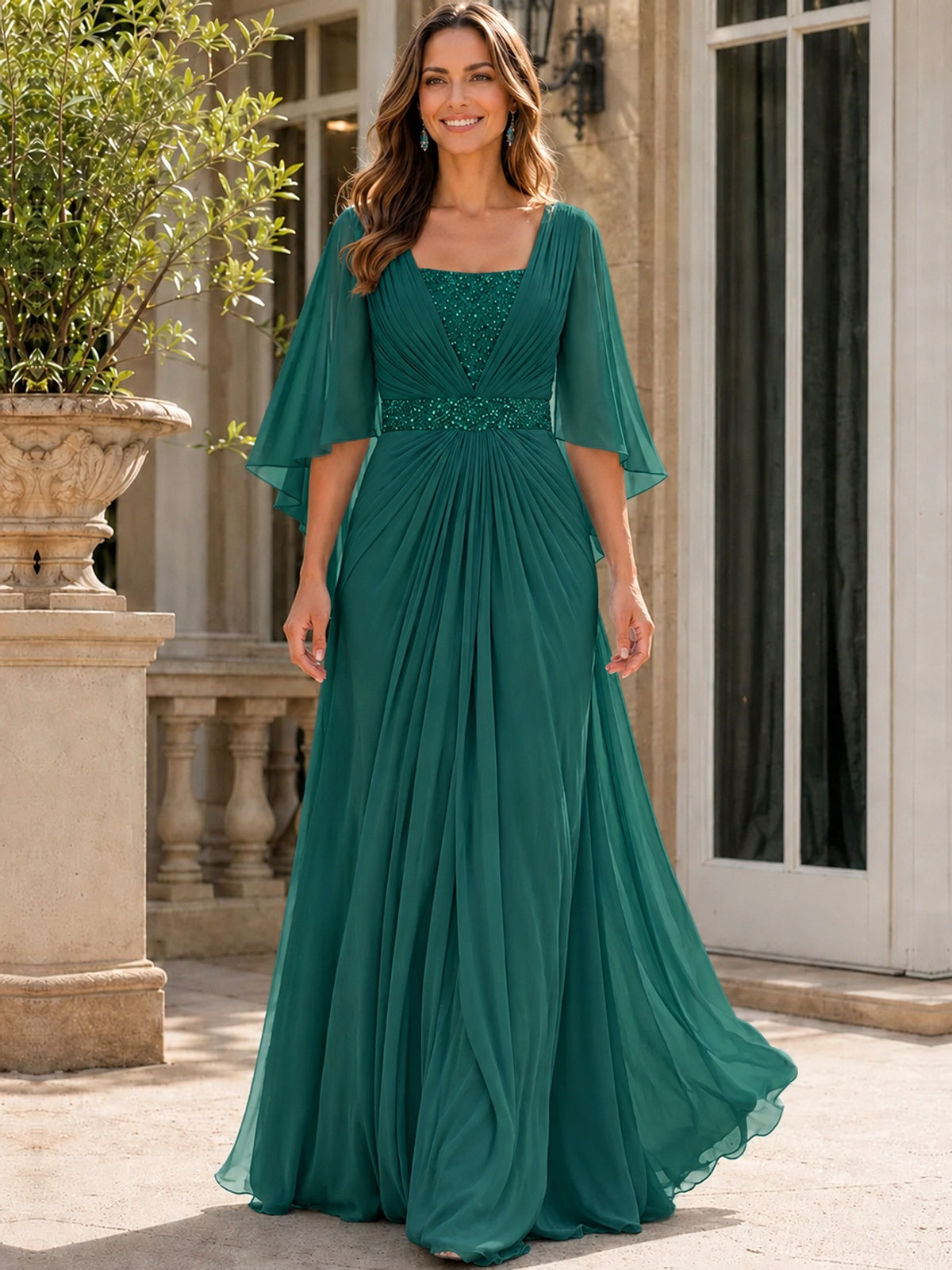 Elegant V-Neck Sequined Chiffon Mother of the Bride Dress with Flutter Sleeves