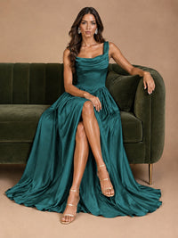 Cowl Neck Pleated Satin Prom Dress with Pockets & Slit Maxi Formal Gowns
