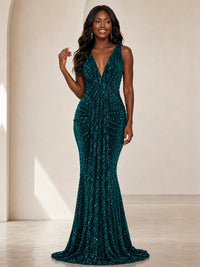 Sequin Mermaid Prom Dress with V-Neck and Ruched Waist