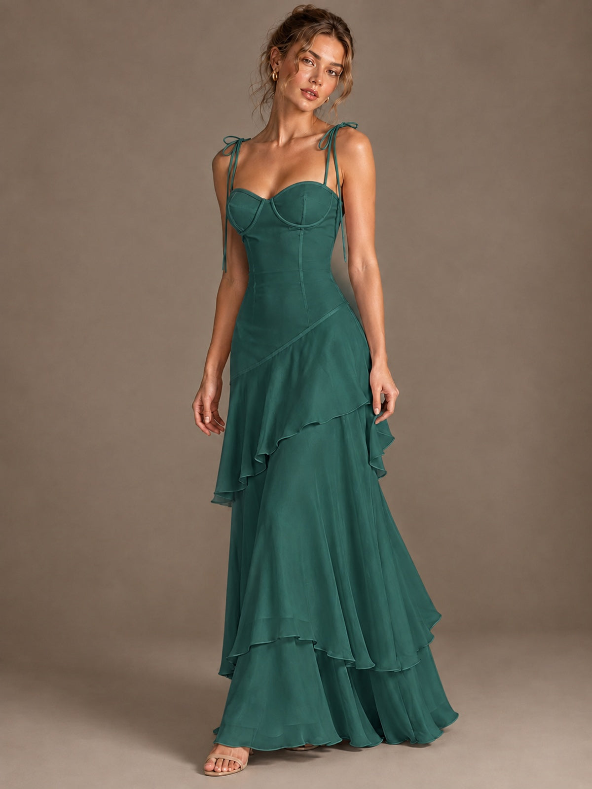 Spaghetti Strap Tiered Ruffles Chiffon Prom Dress