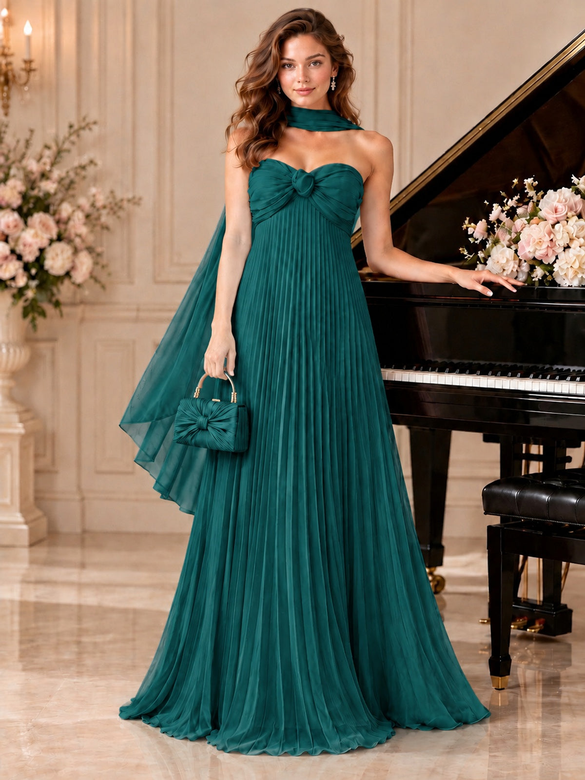 Sweetheart Neckline Pleated Prom Dress Strapless A-line Formal Dress with Flowy Scarf