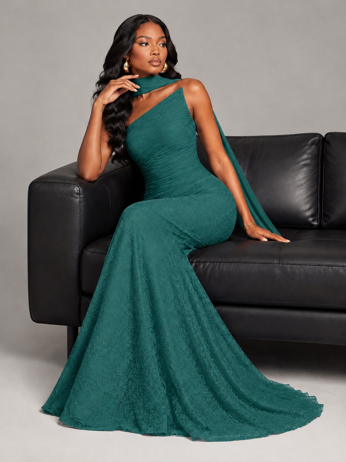 Pleated Chiffon Lace Prom Dresses Long Bodycon Mermaid with Scarf