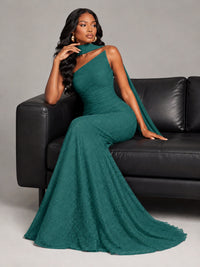 Pleated Chiffon Lace Prom Dresses Long Bodycon Mermaid with Scarf