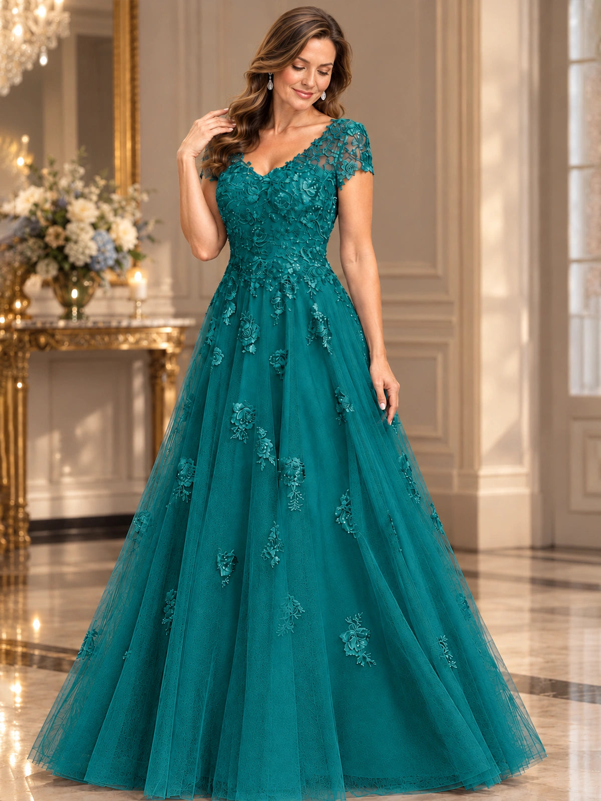 Lace Appliques A-line Mother of The Bride Dresses with Short Sleeves