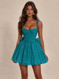 Sweetheart Glitter Tulle Puffy Mini Dress with Bow