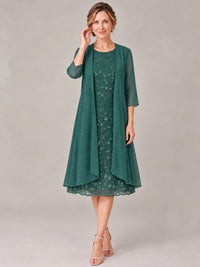 Tea Length Sequin Lace Mother of The Bride Dress with Chiffon Jacket