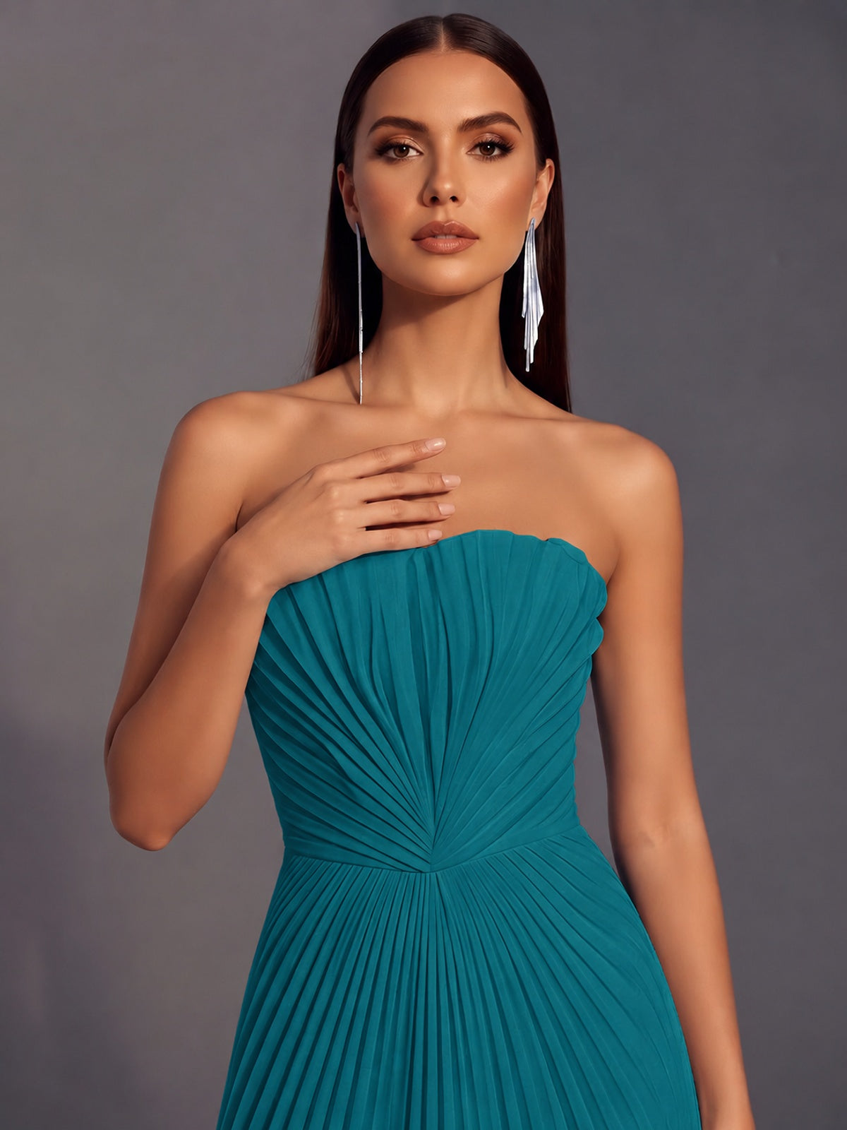 Strapless A-line Long Pleated Satin Prom Dress
