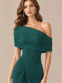 Elegant Draped Off Shoulder Ruched Mermaid Chiffon Formal Evening Gown