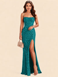 Sequin Lace Appliques Mermaid Prom Dress Spaghetti Strap Formal Gowns with Slit