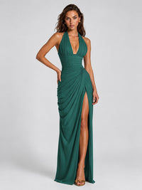 Ruched Halter Neck High-Slit Prom & Evening Dress