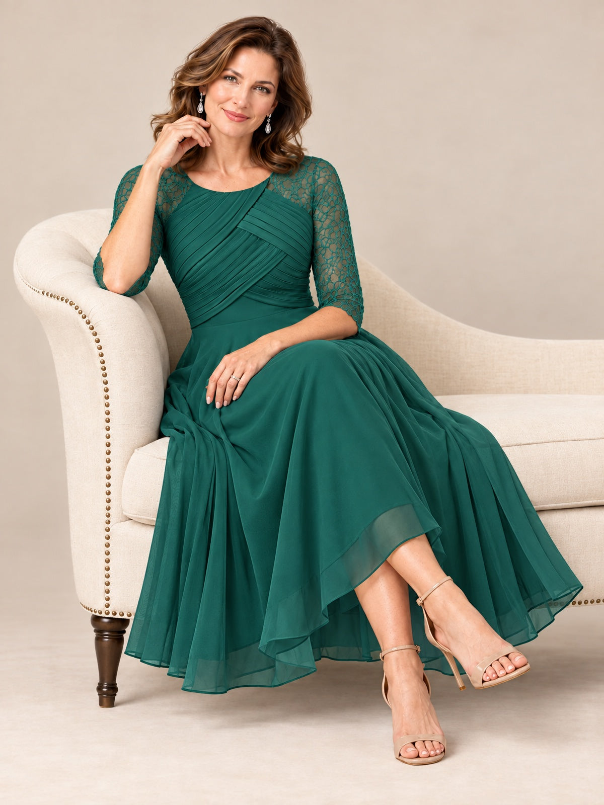 Tea-Length Mother of the Bride Dress with Lace 3/4 Sleeves