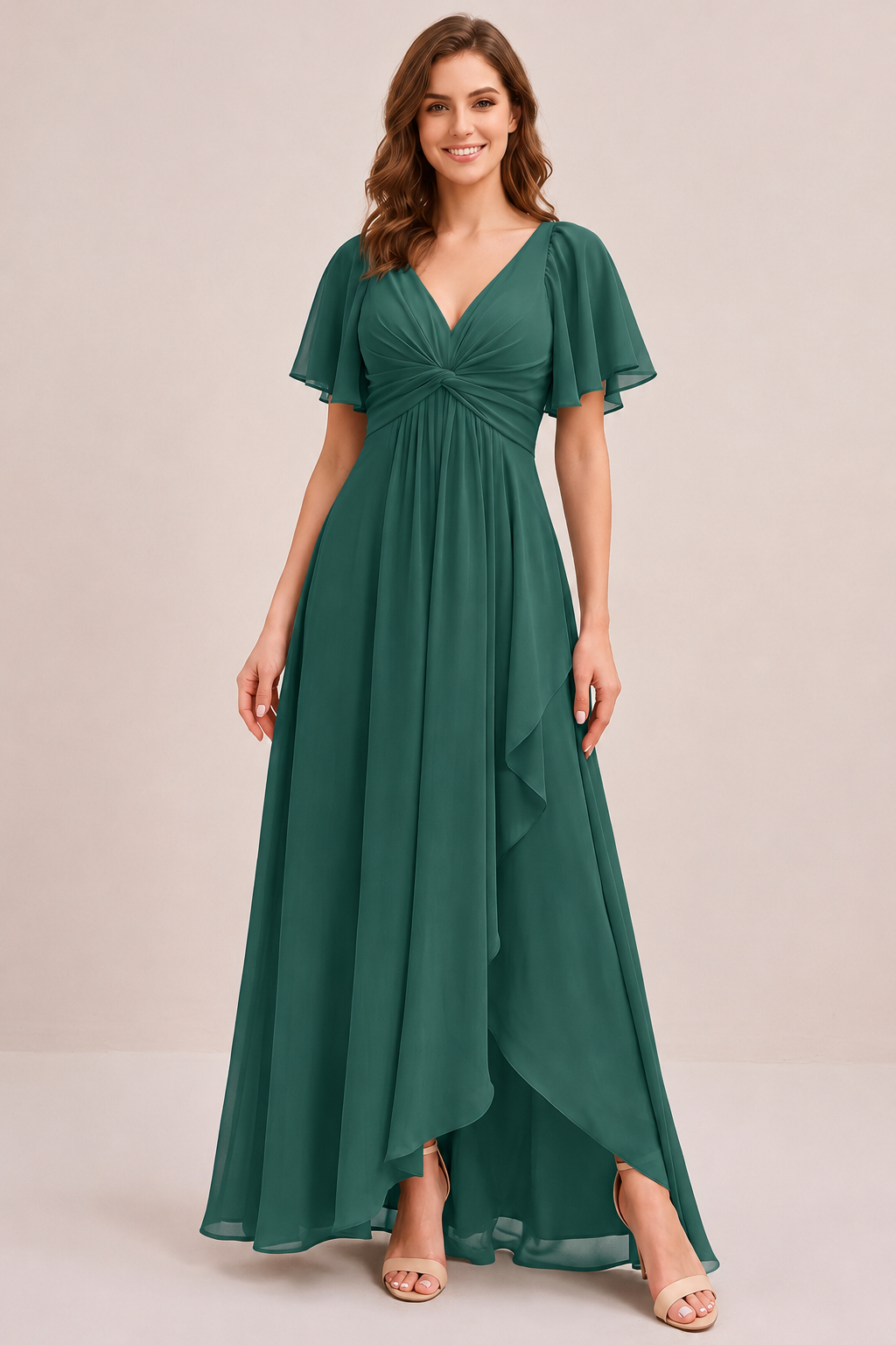 Dusty Blue Chiffon Bridesmaid Dress with Flutter Sleeves & High-Low Hem