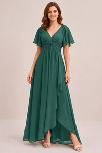 Dusty Blue Chiffon Bridesmaid Dress with Flutter Sleeves & High-Low Hem