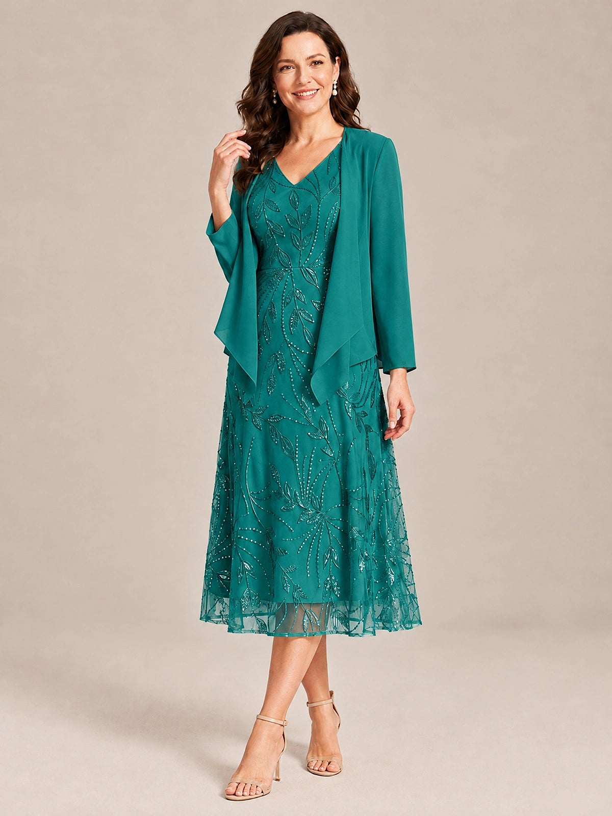 Tea Length Sequin Lace Mother of the Bride Dress with Chiffon Jacket