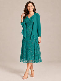 Tea Length Sequin Lace Mother of the Bride Dress with Chiffon Jacket