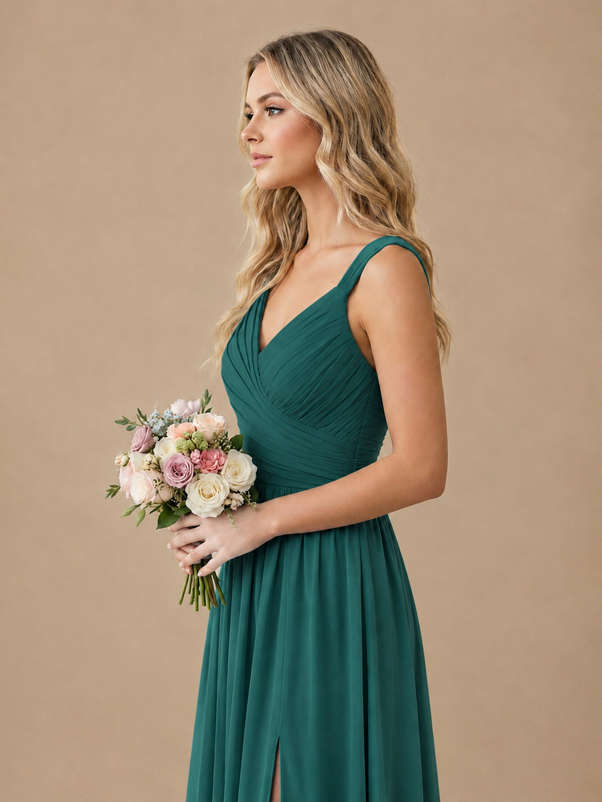 Pleated Chiffon V Neck Wedding Bridesmaid Dresses Floor Length with Slit