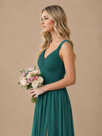 Pleated Chiffon V Neck Wedding Bridesmaid Dresses Floor Length with Slit