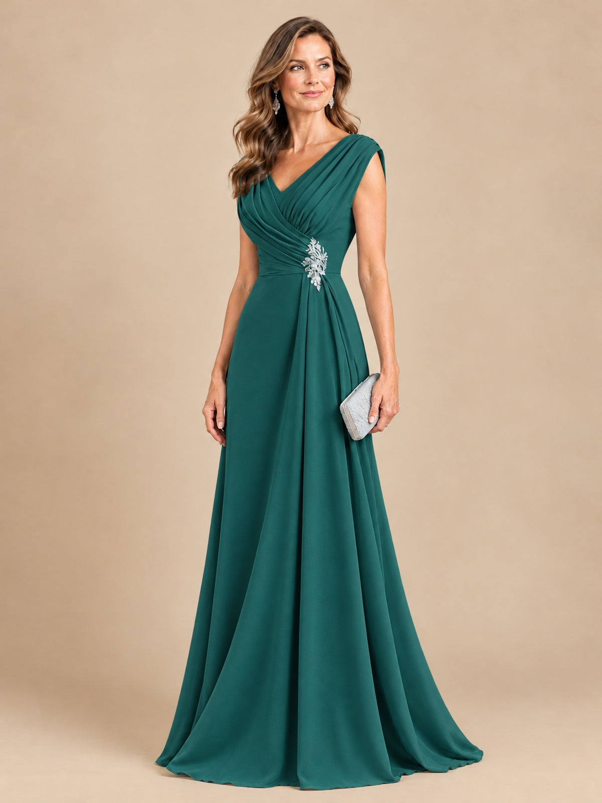 V Neck Pleated Mother of The Bride Dresses with Beading Cap Sleeves