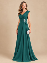 V Neck Pleated Mother of The Bride Dresses with Beading Cap Sleeves