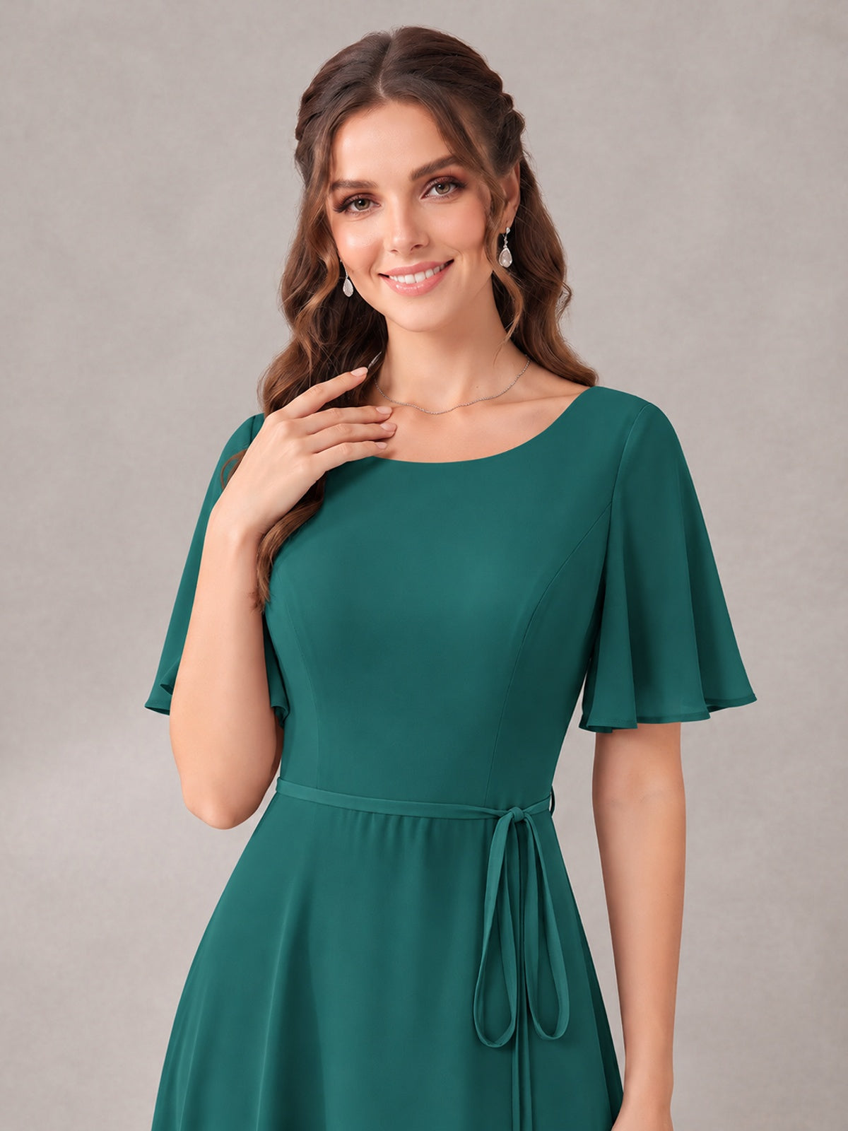 Scoop Neck A-line Chiffon Bridesmaid Dress with Flutter Sleeve & Belt