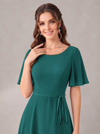 Scoop Neck A-line Chiffon Bridesmaid Dress with Flutter Sleeve & Belt