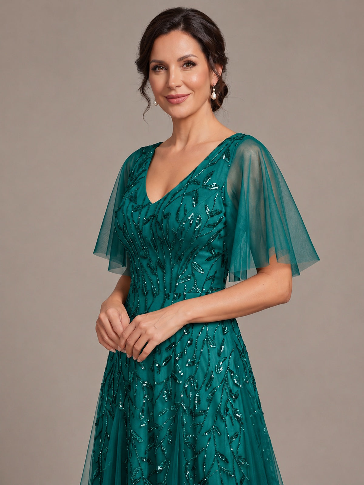 V-Neck Sequin Tulle Mother of the Bride Dress with Flutter Sleeve