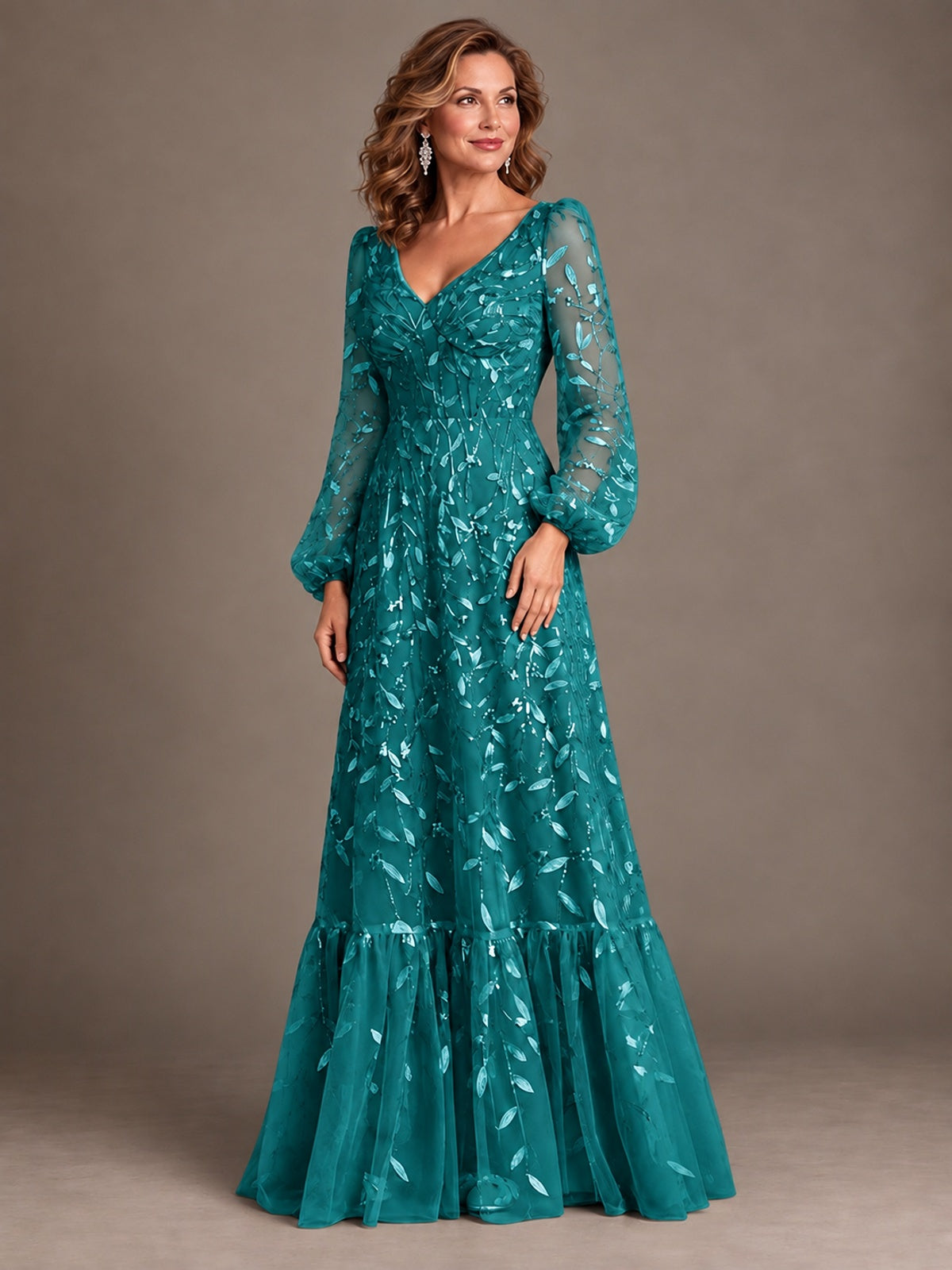 Floral Sequin Embroidered A-Line Mother of the Bride Dress with Long Sleeves