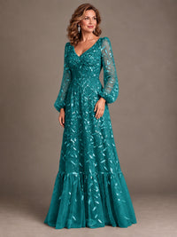 Floral Sequin Embroidered A-Line Mother of the Bride Dress with Long Sleeves