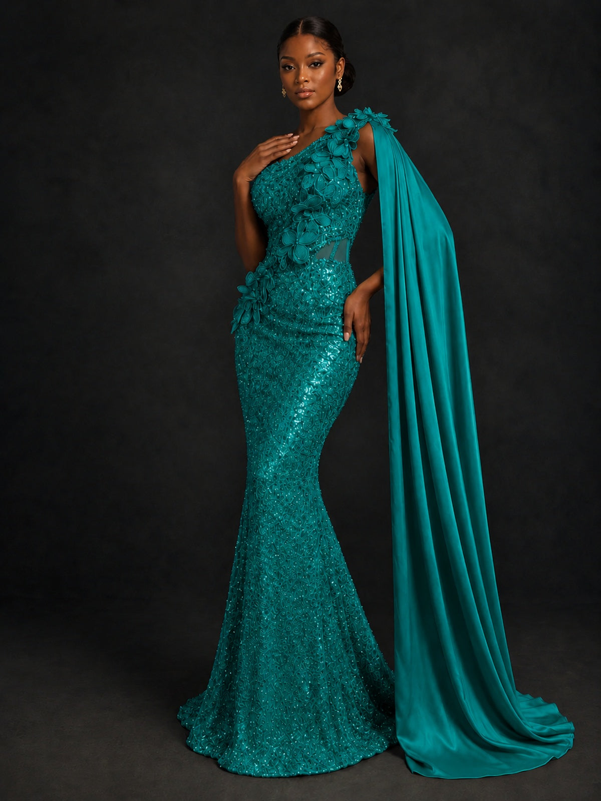 Gold Sequin One Shoulder Mermaid Prom Dress with Cape