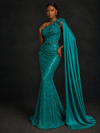 Gold Sequin One Shoulder Mermaid Prom Dress with Cape