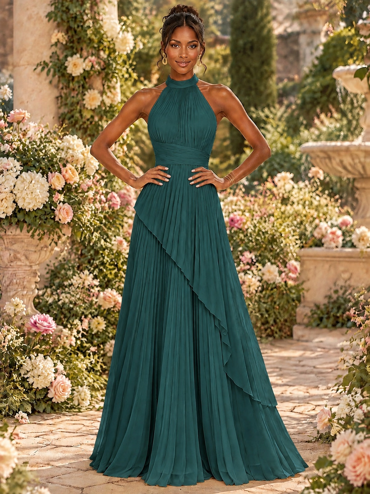 Wrap Pleated Prom Dress Halter A-line Chiffon Formal Wedding Dress