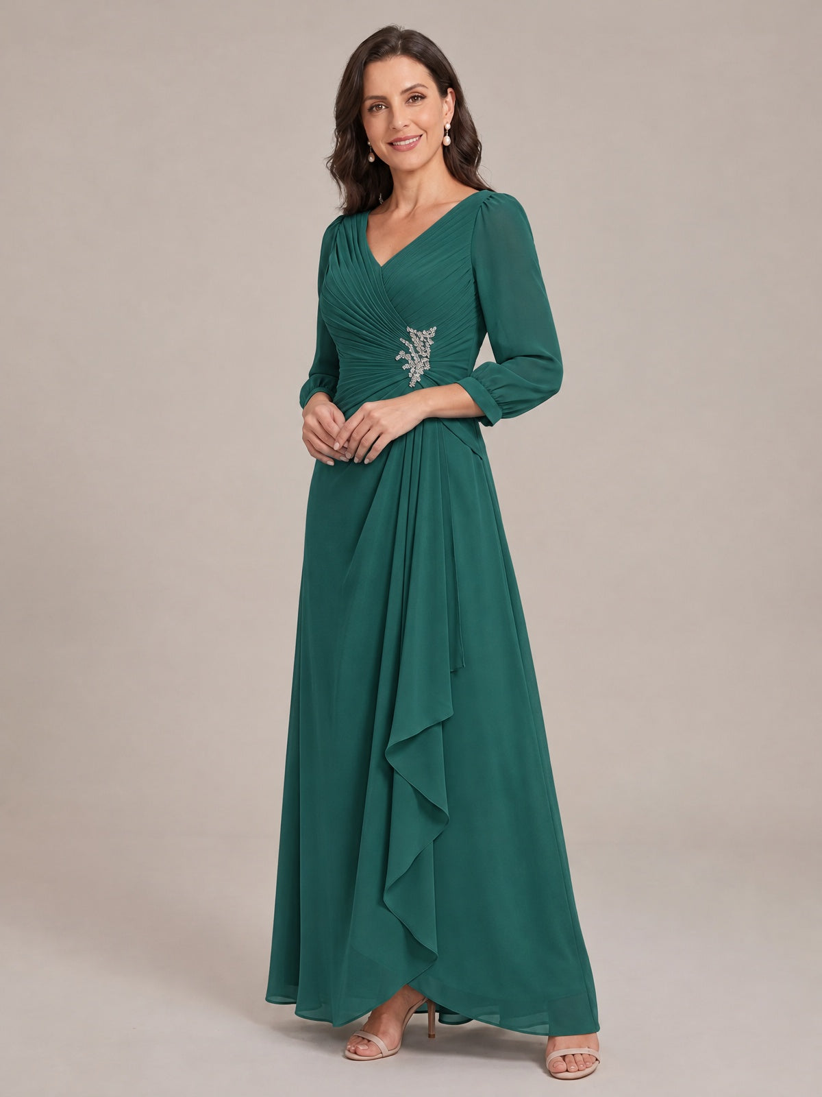V-Neck Pleated Chiffon Mother of the Bride Dress with Flutter Sleeves