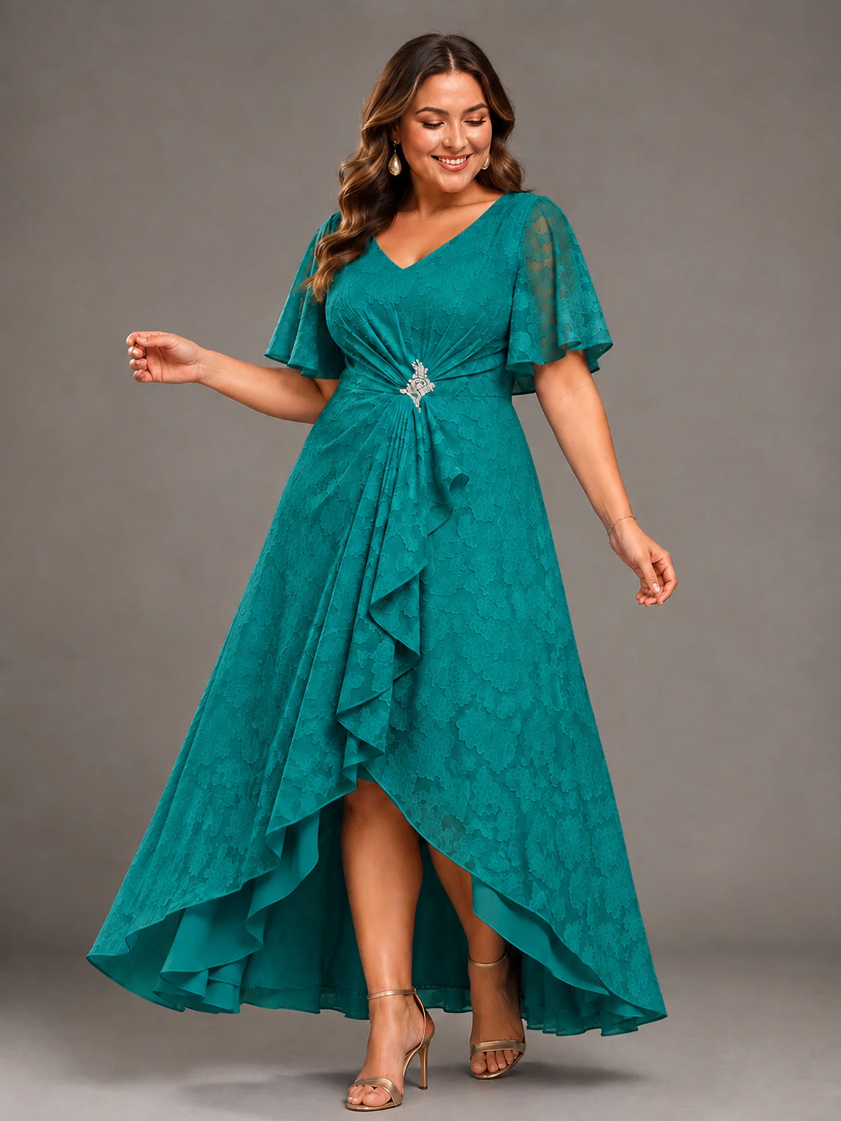 Jacquard Chiffon A-Line V-Neck High-Low Mother of the Bride Dress