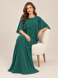 Cape Sleeve Mother of the Bride Dress with Asymmetrical Overlay