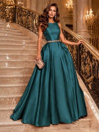 Satin A-Line Prom Dress Sleeveless Beaded Waist Formal Gown with Pockets