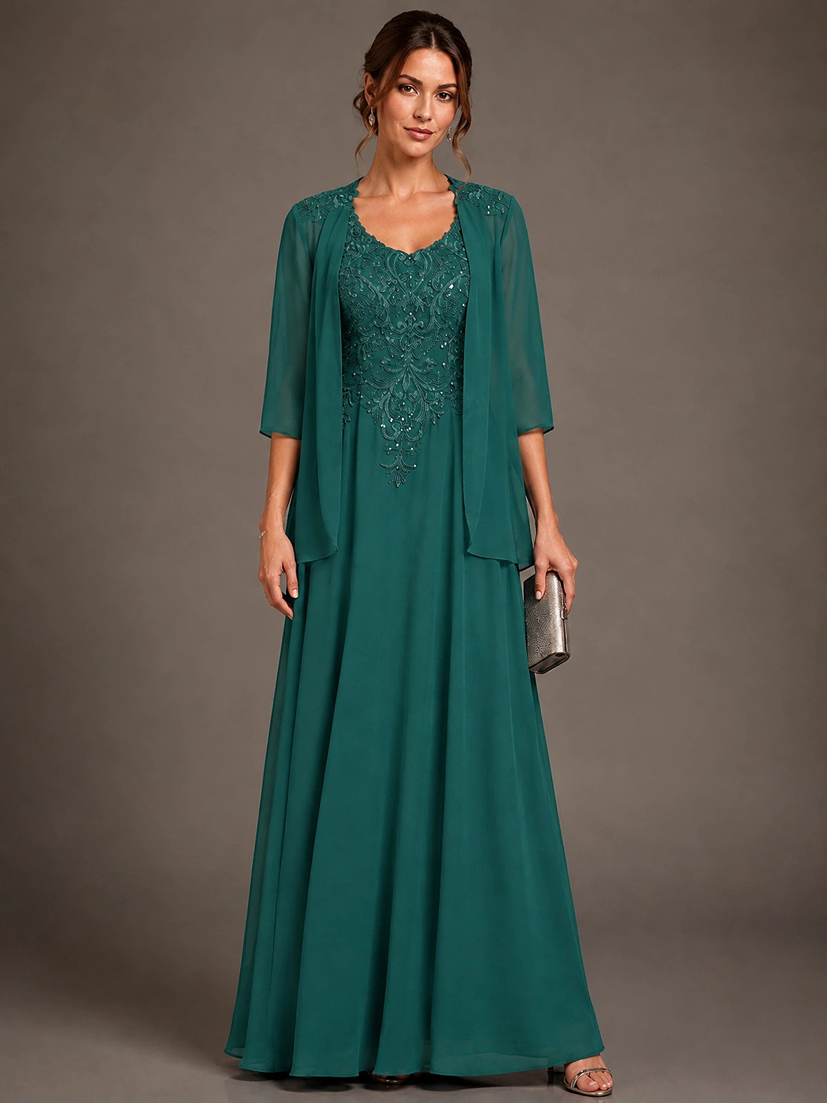 A-line 2 Pieces Chiffon Appliques Mother of The Bride Dresses with Jackets
