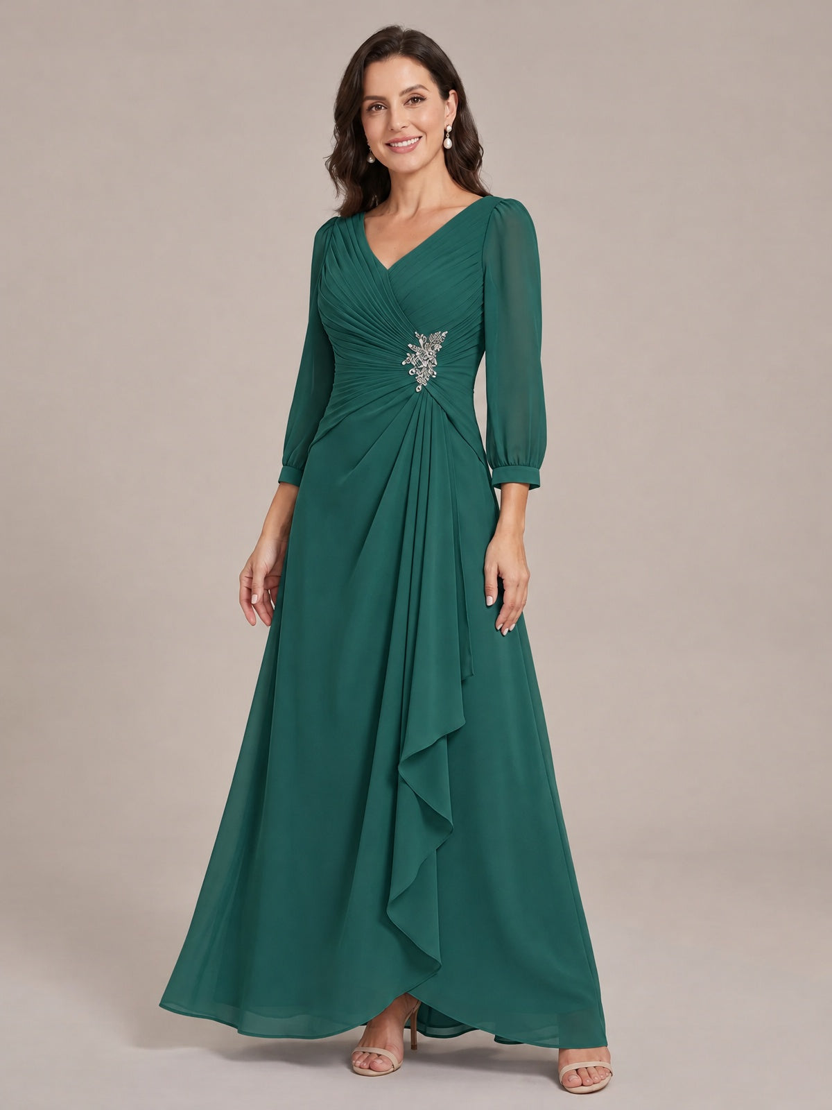 V-Neck Pleated Chiffon Mother of the Bride Dress with Flutter Sleeves