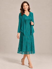 Tea Length Sequin Lace Mother of the Bride Dress with Chiffon Jacket