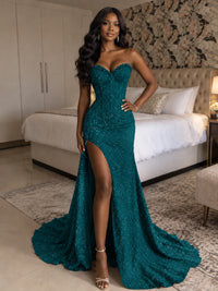 Beaded Sequin Prom Dress Strapless Formal Gowns with High Slit Train
