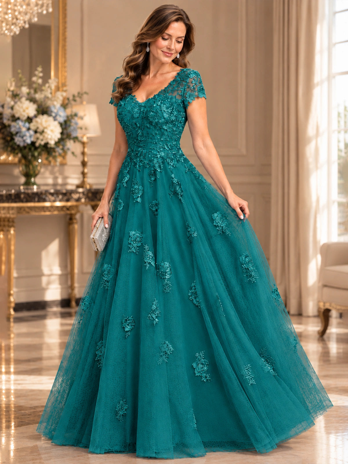Lace Appliques A-line Mother of The Bride Dresses with Short Sleeves