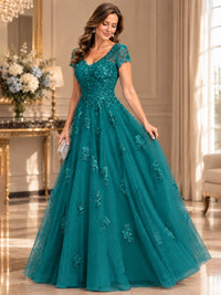 Lace Appliques A-line Mother of The Bride Dresses with Short Sleeves