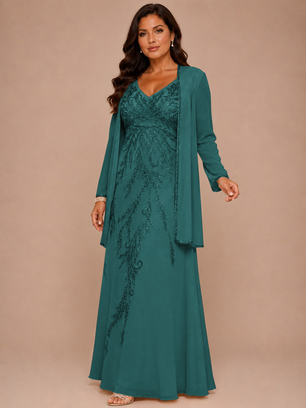 Champagne Beaded Chiffon Mother of the Bride Dress with Jacket V-Neck Gown
